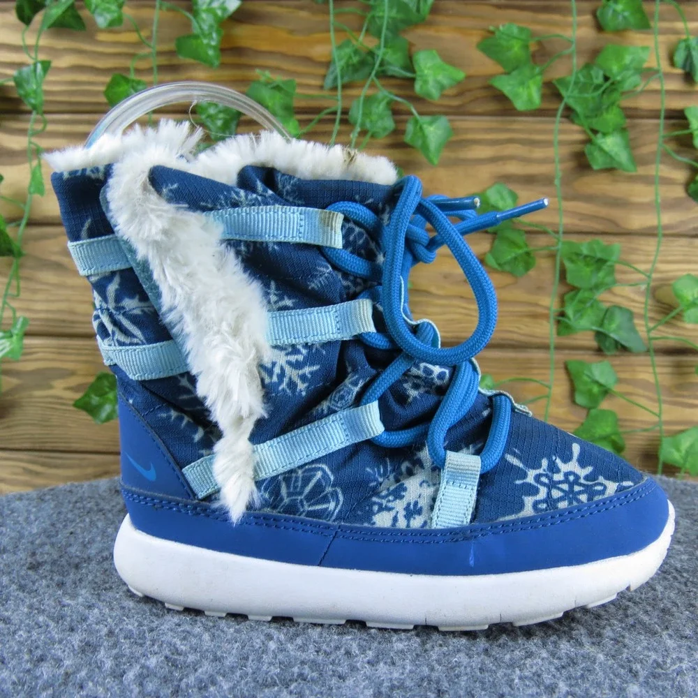 Nike Roshe One Hi‎ GS Toddler 8 Blue Snowflake Winter Boots Faux Fur Warm Shoes